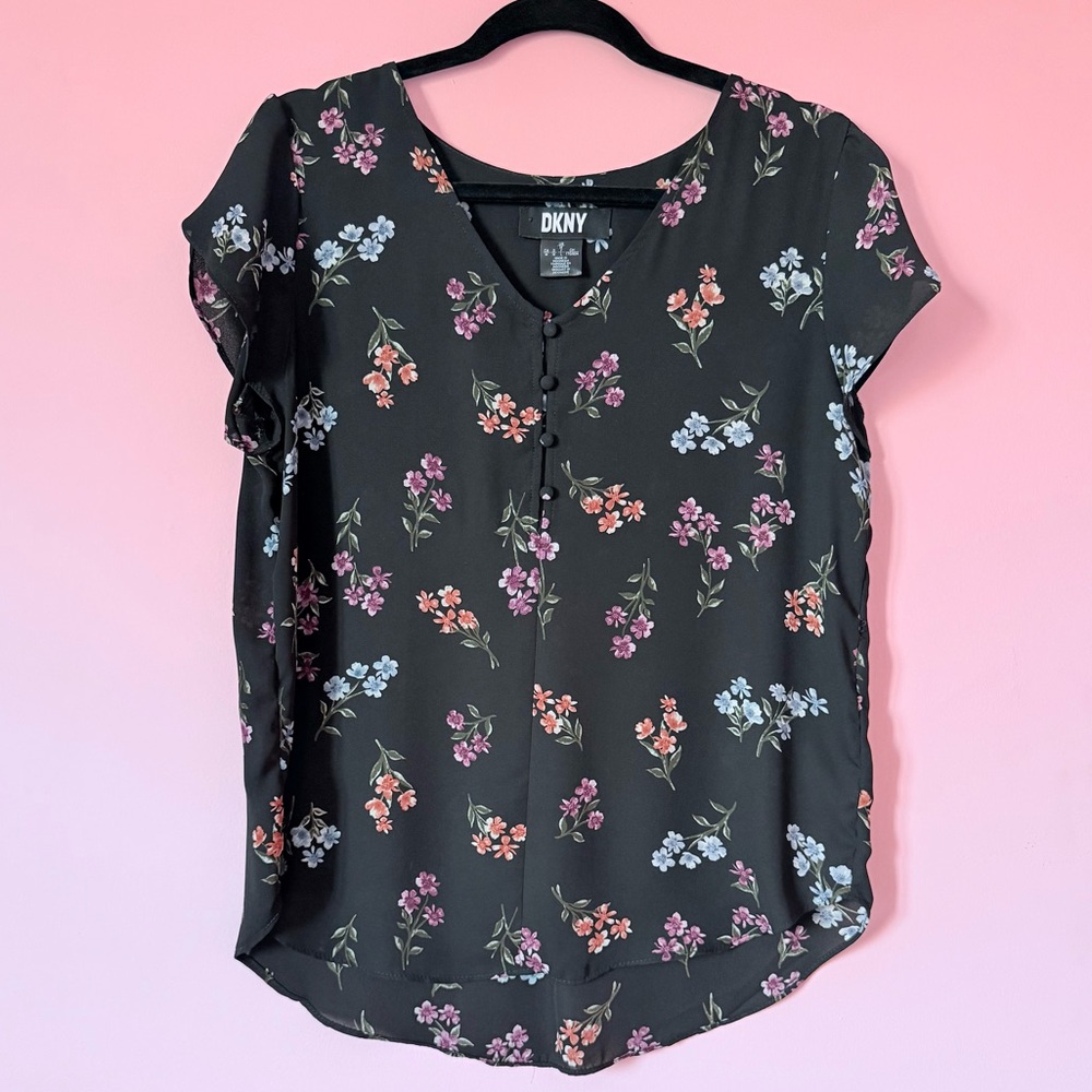 DKNY Floral Print Half Button Up Blouse - Black with Multicolor Flowers SZ. M